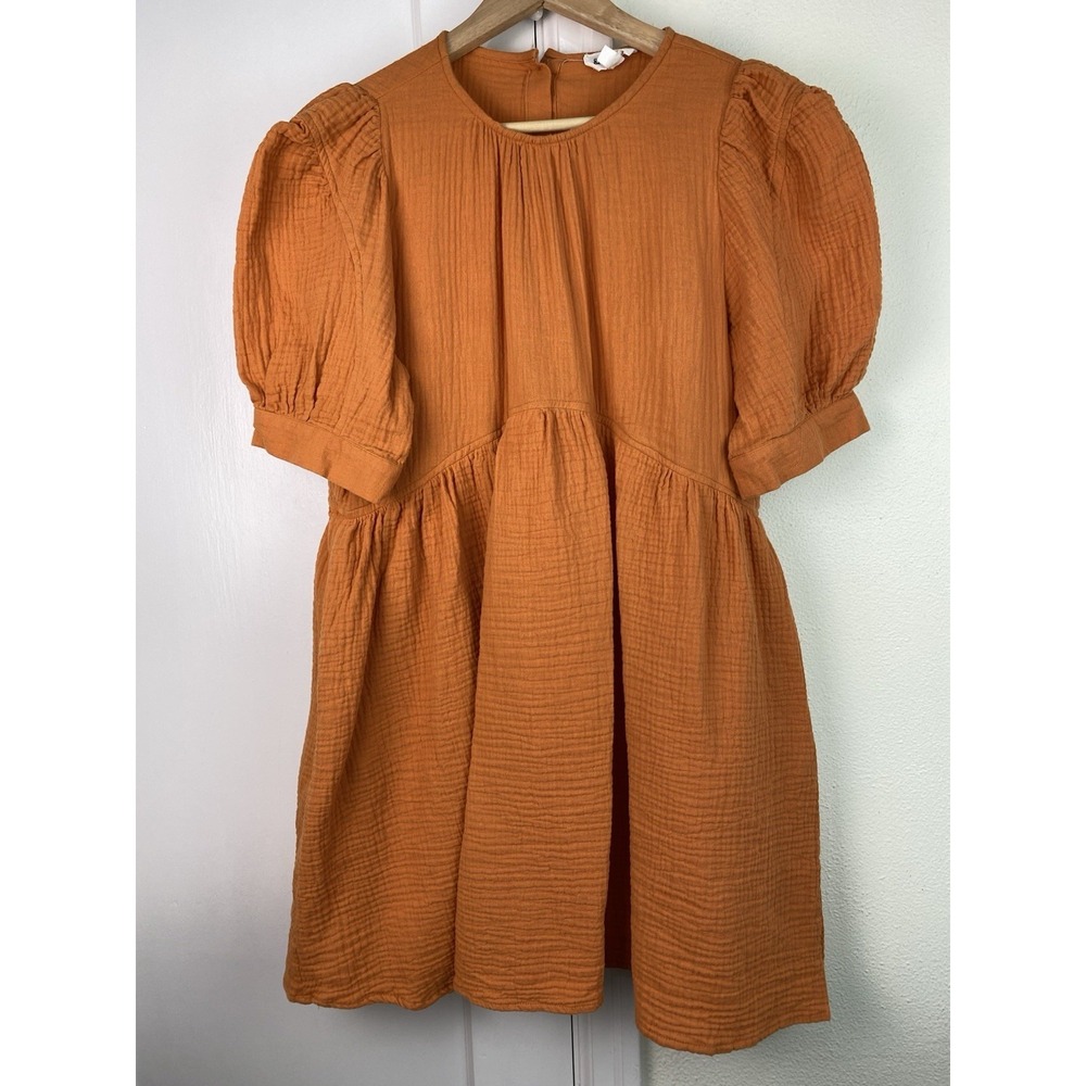 &Merci Women's L Orange Gauzy Cotton Puff Sleeve Mini Shift Dress